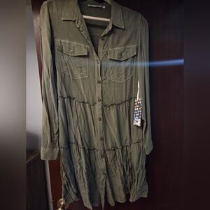 Women's Olive Green Long-Sleeve Tiered Shirt Dress